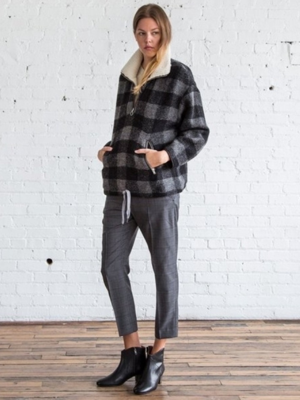 Isabel Marant Étoile Gilas Half-Zip Wool Jacket Grey Buffalo Plaid Cozy SZ 34 XS